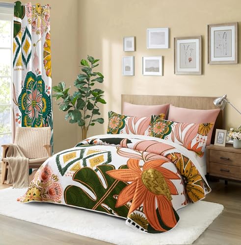 Tyrot 3-Piece Boho Floral King Quilt Set - Reversible Microfiber Bedspread