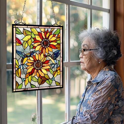 Handcrafted Sunflower and Birds Stained Glass Window Panel