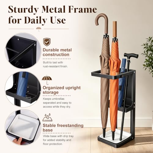 Metal Umbrella Stand for Entryway with Drip Tray and Compact Rack