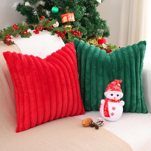 Pallene Faux Fur Throw Pillow Covers 12x20 Set of 2 Christmas Green - Soft Velvet & Rabbit Fur Design