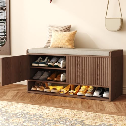 39-inch Fluted Shoe Storage Bench with Linen Seat, LED Light & Adjustable Shelf