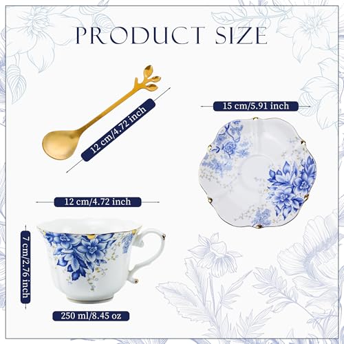 Harahiko Blue Country Roses Porcelain Tea Cup and Saucer Set with Gold Trim - Vintage Style, 8.5oz