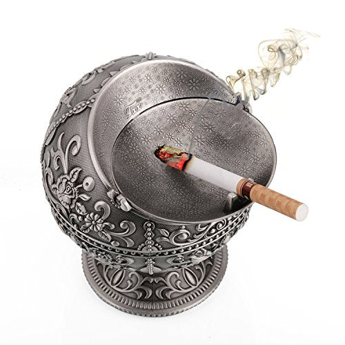 Vintage Metal Windproof Ashtray with Lid - Hand Stamped Tabletop Ash Tray