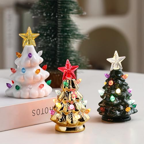 Mini 4.5-Inch Nostalgic LED Ceramic Christmas Tree Set of 3 with Lights, Hanging Ornaments - Holiday Decor