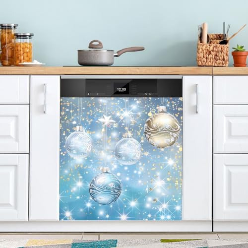 Large Christmas Ball Dishwasher Magnet Cover Panel Blue Gold 23x26in - Holiday Kitchen Decor