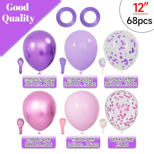 KUULBELA 68-Piece Pink and Purple Balloon Kit with Confetti and Ribbons