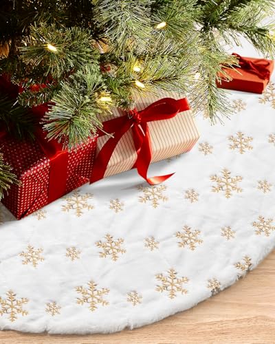 White Faux Fur Christmas Tree Skirt 60 Inches Gold Sequin Snowflake