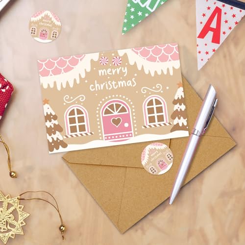 Christmas Greeting Cards with Envelopes & Stickers - Gingerbread House Design, 36 Pack 4x6 Inches