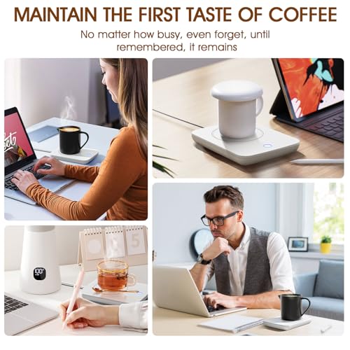 Misby White Coffee Mug Warmer – Auto Shut Off Desk Beverage Heater, Gravity-Induction, Keeps Drinks Warm