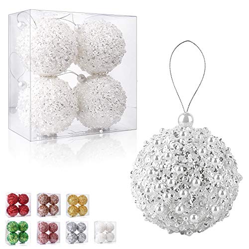 4.25-Inch Shatterproof White Christmas Ball Ornaments - 4-Piece Set