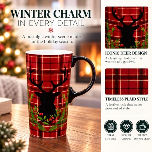 Topadorn Christmas Plaid Deer Ceramic Coffee Mug with Lid, 17oz Travel Cup