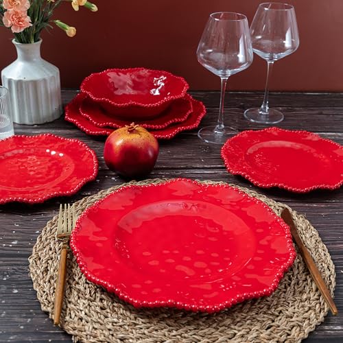 ZAROCRUS Christmas Red 11-Inch Melamine Dinner Plates Set of 6 Beaded Holiday Tableware
