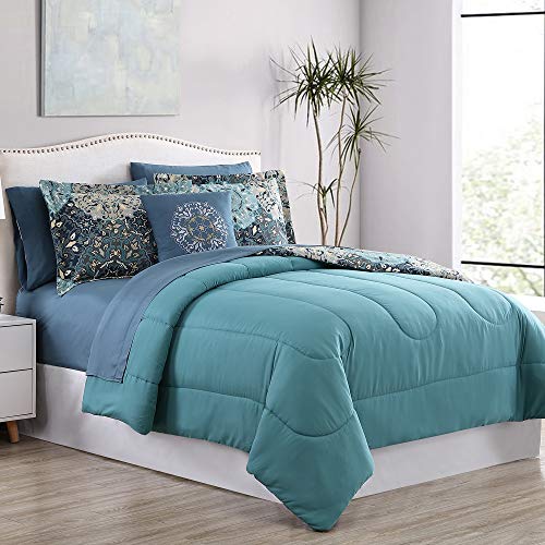 Granada Queen 8-Piece Reversible Microfiber Bed Set in Blues & Grays