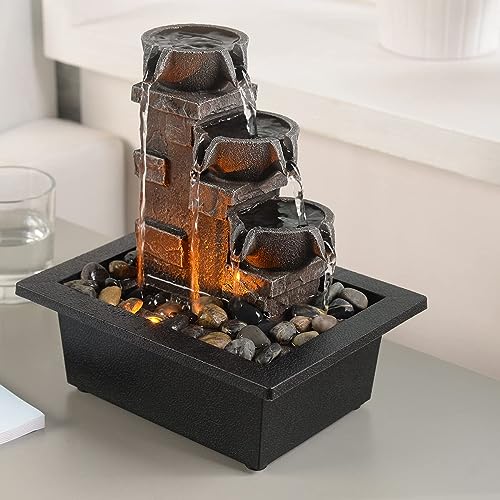 Tabletop Water Fountain with LED Lights & River Rocks - 3-Tier Zen Waterfall