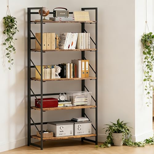5-Tier Foldable Bookshelf, Industrial Metal and Wood Storage Shelf