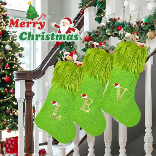 Bemuiz 18 Inch Green Monogram Christmas Stocking - F Variation, Elf Fur Trim