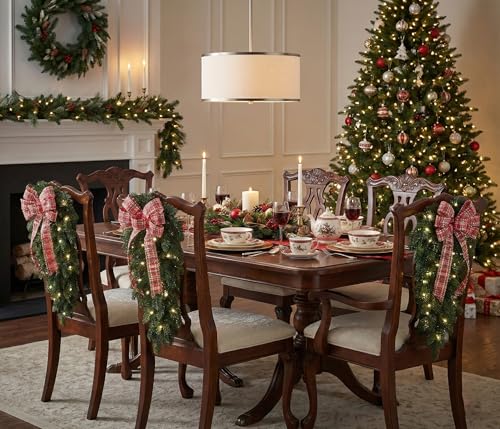 Set of 4 Pre-Lit Christmas Stair Swags with LED Lights and Plaid Bows