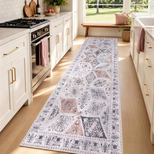 Qulint Boho Patchwork Moroccan Runner Rug 2x6 Feet Beige Grey & Blush Vintage Style