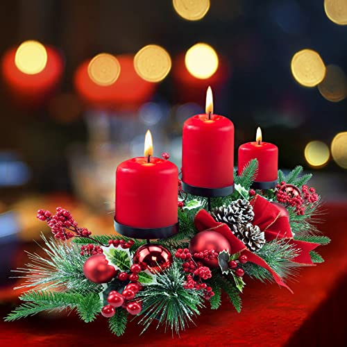 28" Christmas Triple Candelabrum Centerpiece with Berries & Pine Cones