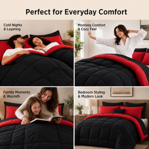 7-Piece Queen Comforter Set - Reversible Red & Black Bed in a Bag