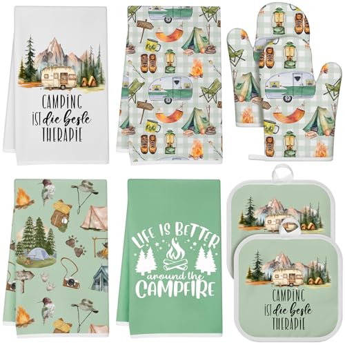 8-Piece Camping Kitchen Set: 4 Microfiber Towels, 2 Oven Mitts, 2 Pot Holders