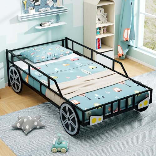 Twin Size Race Car Bed Frame for Kids with Safety Guardrails & Metal Slats