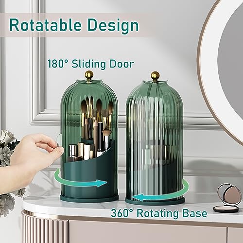 GAXmi Green Rotating Makeup Brush Holder with Lid, Waterproof & Dustproof