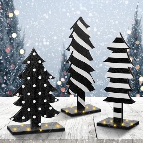 Meooeck 3 Pcs Wooden Christmas Tree Decorations with Bases – Rustic Tabletop Signs