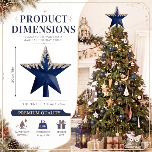 Blueweenly Navy Blue Christmas Star Tree Topper with Glitter Sequin Drip, 8 Inch