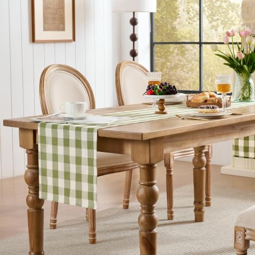 POSEAT Summer Green Gingham Table Runner 108" x 13" (Green) Cotton Blend