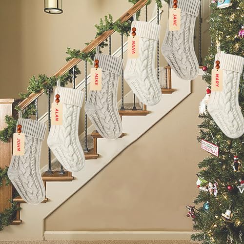 Large 18 Inch Christmas Stockings Set with Personalized Name Tags & Metal Holders - White and Khaki