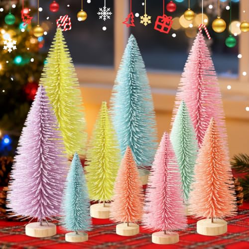 Bijoya 18 Pcs Mini Christmas Trees Set in 3 Sizes with Wooden Bases, 6 Colors