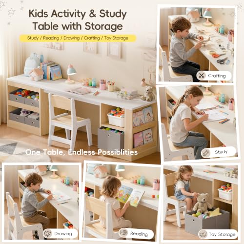 Kids Double Study Desk and Chair Set with Storage Shelves and Fabric Bins