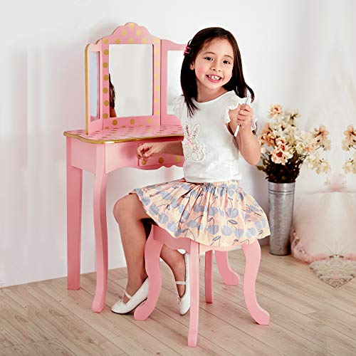 Kids Wooden Vanity Table and Chair Set with Tri-Fold Mirror and Drawer