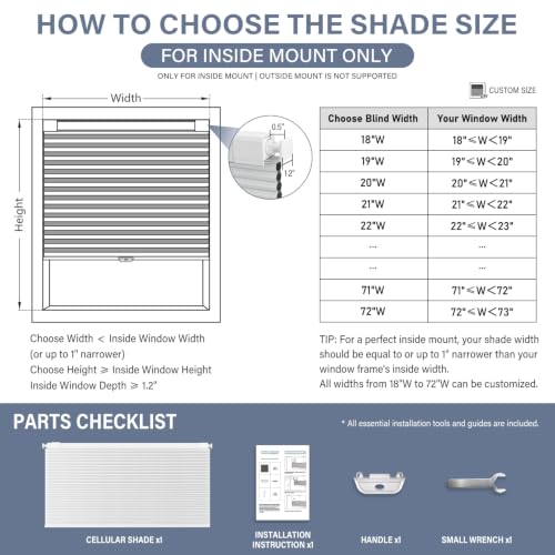 Cordless Blackout Cellular Shades, 34" W x 48" H, White - No Drill Honeycomb Blinds