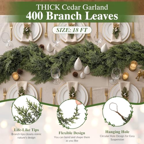 Alupssuc 9FT Cedar Garland with 400 Branches - Real Touch, Dense & Weather-Resistant, Indoor & Outdoor Use, 18FT Length