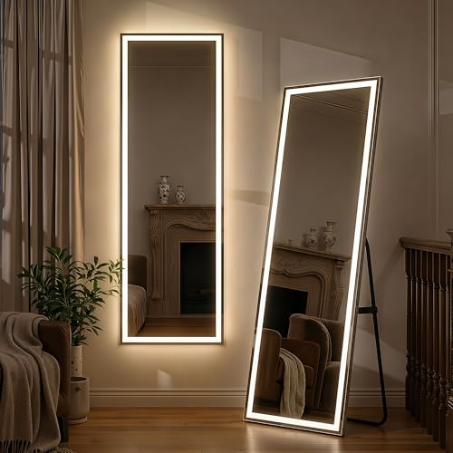 60"x16" LED Full Length Floor Mirror, Dimmable 3-Color Lighted Dressing Mirror