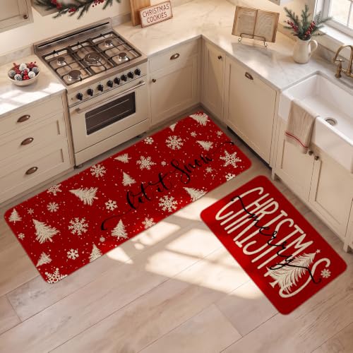 Christmas Kitchen Mats Set of 2 with Tree & Snowflake on Red—Non-Slip, 17x30 & 17x47 in