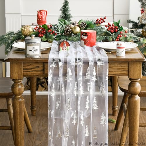 28 x 120 Inch White Silver Christmas Tree Gauze Table Runner Glitter Holiday Decor