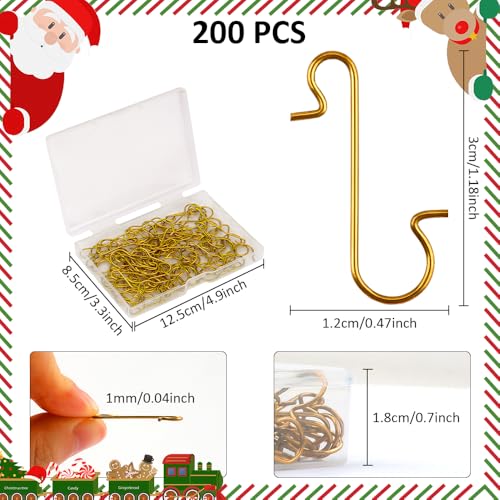 200 Pack Gold Christmas Ornament Hooks - Tree Decoration Hangers, Zanzike