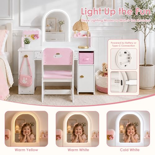 Kids Wooden Vanity Table and Chair Set with 3-Color Lighted Mirror