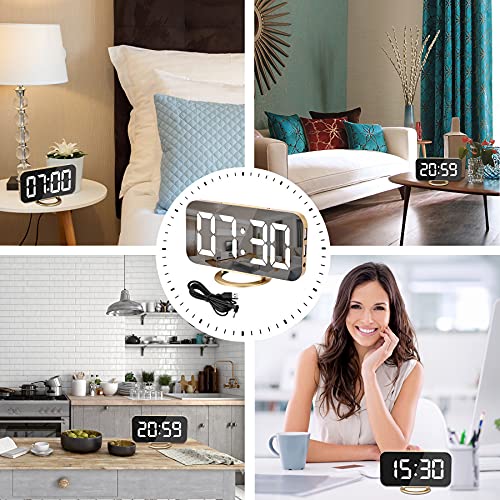 Digital Alarm Clock with LED Mirror Display & Dual USB Charging Ports - Gold