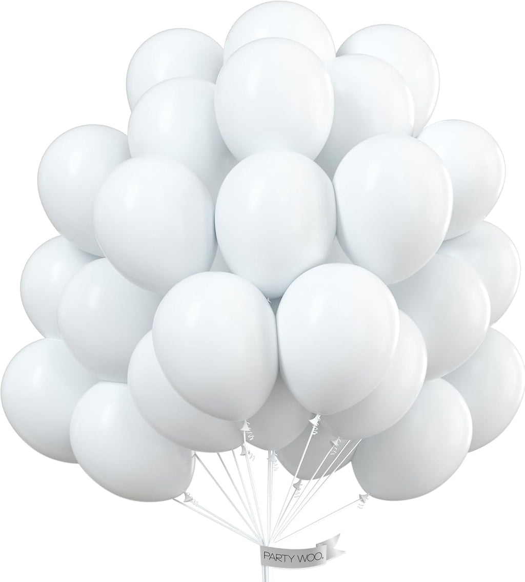 PartyWoo White & Light Blue Balloons - 100 Pcs Each, 12 Inch Size for Celebrations