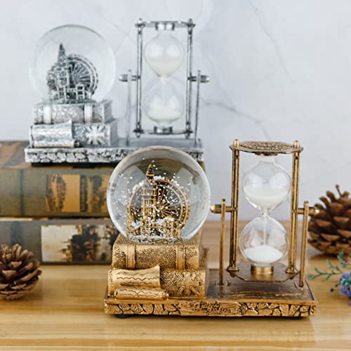 LED Crystal Snow Globe Hourglass with Brass Ferris Wheel Table Decor