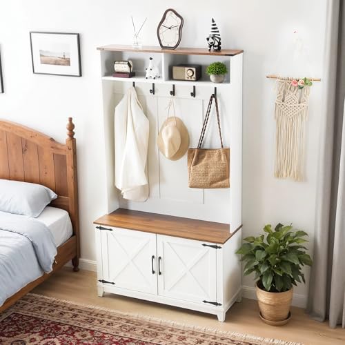 38-Inch Farmhouse Hall Tree with Bench, Shoe Storage, and Coat Rack