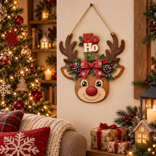 Christmas Reindeer Door Hanging Sign with HO HO HO - Holiday Decor, Rustic Christmas Door Ornament, Reindeer Christmas Decoration - Mokesova