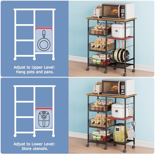 Rolling Kitchen Microwave Cart with Tilt-Out Baskets & Adjustable Shelves