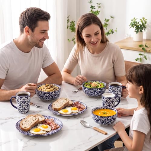 JINGUS Lattice 28 oz Cereal Bowls Set of 6 – Vintage Blue & White Porcelain