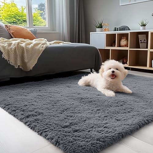 OLANLY Soft Fluffy Shaggy Area Rug 4x5.9 ft Machine Washable Grey