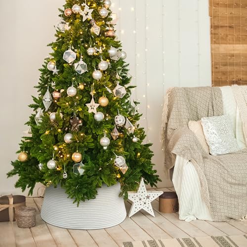 28 Inch White Christmas Tree Collar - Modern Cotton Rope Tree Ring for 6-7.5 ft Stands
